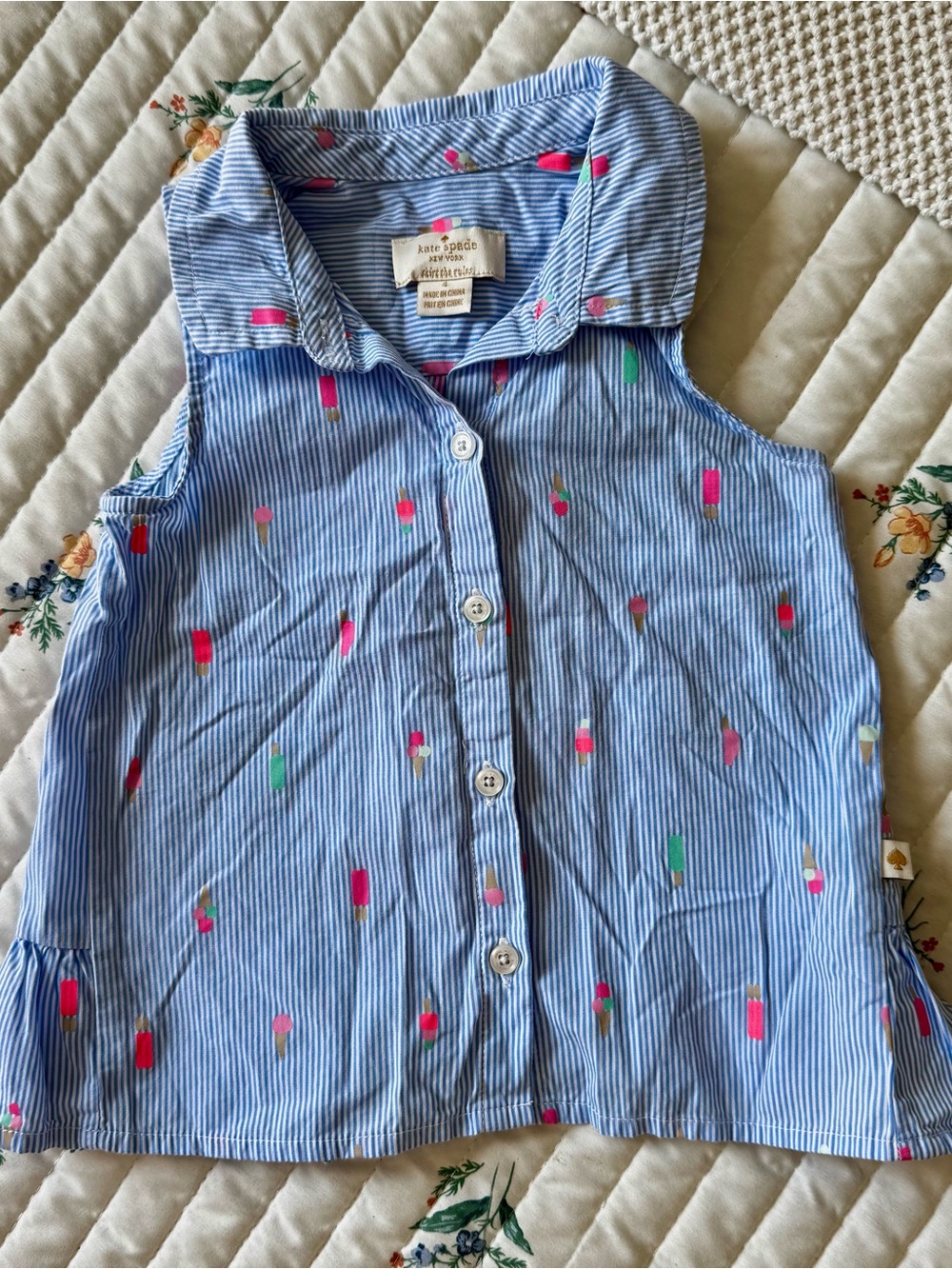 Kate Spade 100% Cotton Pinstripe Ruffle Tank Popsicle Print, Blue & White – 4T